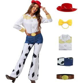 PAINEOMN Jessie Costume Women Toy Cowgirl Story Cosplay Jessie Hat Shirt Jeans Belt Bow Set Cow Print Pants Halloween Outfits 2XL in Saudi Arabia