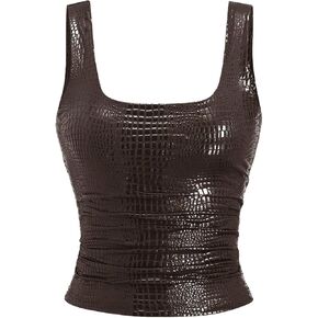 BEAUDRM Women's Y2K Faux Leather Tops Sexy Party Rave Club Outfits Ruched Crop Tops Square Neck Cropped Tank in Saudi Arabia