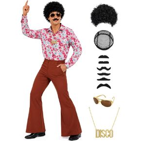 70s Outfits for Men – Retro Disco Costume Set with Shirt, Bell Bottom Pants for 1970 Theme Party Halloween in Saudi Arabia