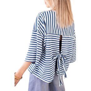 Ainangua Striped T-Shirt for Women V Neck Tie Back Tee Tops Summer Y2k Bow Tshirt Half Sleeve Oversized Tees in Saudi Arabia