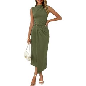 Valiamcep Womens Summer Mock Neck Ruched Bodycon Dress Sleeveless Elegant Cocktail Club Party Long Midi Dresses in Saudi Arabia