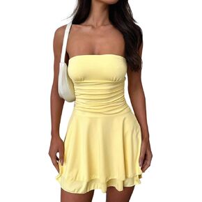 Women's Strapless Ruched Mini Dress Double Layer Tube Top Short Dress Sexy Summer Party Beach Graduation Outfit in Kuwait