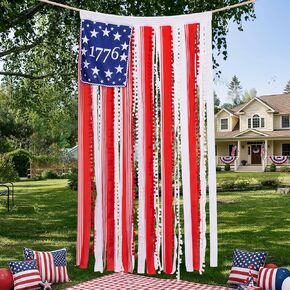 4th of July Rag American Flag Banner Decor, 4.5 x 2.3 FT Patriotic USA Flag Banner, Independence Day Retro American Flags Bunting Decorations for Outdoor Garden Yard Home Party in Saudi Arabia