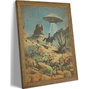 خمر الغربية الغريبة UFO جدار الفن مؤطرة قماش، الرجعية الخيال العلمي كاوبوي اختطاف ملصق، صبار الصحراء المناظر الطبيعية العمل الفني جدار ديكور لغرفة المعيشة غرفة نوم مكتب 8x10 بوصة in Kuwait