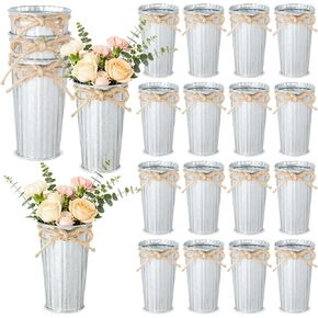20 Pack Farmhouse Metal Flower Vase Decor, Galvanized Small Floral Vase with Twine Bow Rustic Flower Buckets for Centerpieces Floral Display Table Home Wedding Festival DIY Decorations in Saudi Arabia