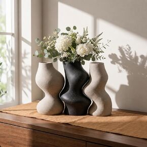 BosilunLife Decorative Vase Set of 3, Nested Curved Recycled Ceramic, Speckled Wabi-Sabi Home Decor, Modern Boho Centerpiece for Living Room Mantel & Office (Black & Grey) in Saudi Arabia