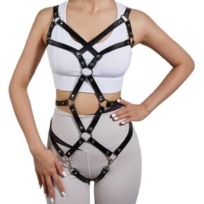 Women Punk Gothic Full-Body Harness – Adjustable Faux Leather Strappy Chest, Waist & Leg Belt with Metal Rings Sexy Festival, Rave, Clubwear, Cosplay Halloween, Mardi Gras Carnival Valentine's Gift in Saudi Arabia
