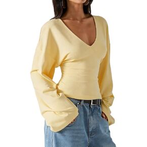 FAIMILORY Women's V-Neck Waist Cinching Solid Color Batwing Top Long Wide Sleeve Comfortable Casual Versatile T-Shirt in Saudi Arabia