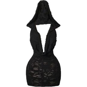 Verdusa Women's Y2K Ripped Distressed Hooded Dress Deep V Cowl Neck Backless Party Dresses in Saudi Arabia
