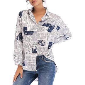 RINTONIX Women Sexy V Neck Letter Print Button Up Shirt 3/4 Sleeve Drape Shoulder Newspaper Work Button Blouse in Saudi Arabia