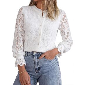 Womens Dressy Tops Blouses Casual Shirts Lace Long Sleeve Button Up Spring Fall in Saudi Arabia