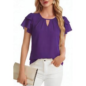 Womens Chiffon Dressy Blouses Casual Ruffle Sleeve Work Tops Summer Shirts in Saudi Arabia