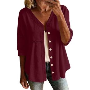 Cotton Linen Blouse for Women Button Down 3/4 Sleeve Eyelet Cardigan Lace Trim Solid Color Dressy Casual Shirt in Saudi Arabia