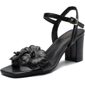Women's Flower Block Heel Sandals, Square Open Toe Wedding Guest Shoes in Saudi Arabia