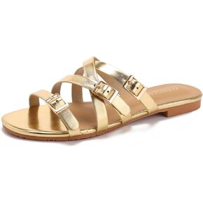 Women's Round Open Toe Strappy Flat Sandals Fashion Buckle Straps Comfortable Slip On Beach Sandals Summer Slides for Vacation Daily Wear in Kuwait