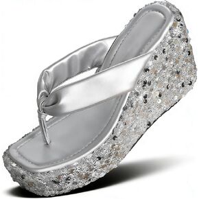 Women's Glitter Chunky Platform Flip Flops Fashion Square Open Toe Wedges Heel Thong Slides for Beach Vacation Summer Holiday Outdoors in Saudi Arabia
