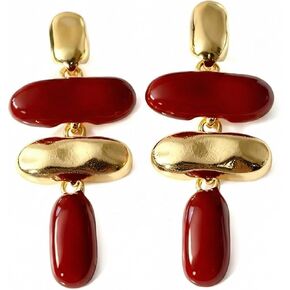 Chunky Burgundy Earrings For Women, Modern Geometric Maroon Dangle Jewelry, Bold Gold Statement Accessories, Trendy Wine Drop Design, Fall Fashion Piece, Unique Holiday Gifts in Saudi Arabia