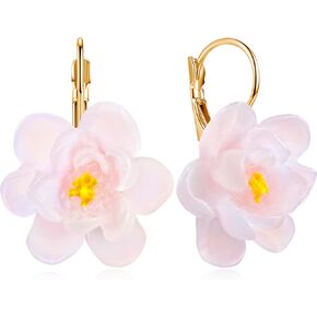 Bohemian Resin Lotus Peach Blossom Camellia Flowers Dangle Drop Earrings Unique Chic Gold Floral Leverback Earrings For Women in Saudi Arabia