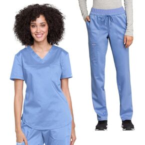 Cherokee Scrub Set for Women V-Neck Tuckable Scrub Top WW657 with Mid Rise Tapered Leg Drawstring Scrub Pant WW105, Ciel - L Top/L Pant in Kuwait