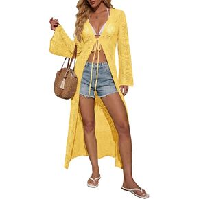 Saodimallsu Womens Crochet Beach Cover up Tie Front Bell Sleeve Lightweight Knit Long Cardigans Summer Vacation Outfits in Kuwait