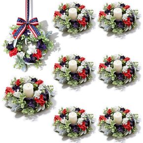 6 Pcs Mini 4th of July Candle Ring Wreaths Patriotic Red White and Blue Artificial Pillar Candle Holder Wreath with Wooden Stars for Independence Day Memorial Day Porch Front Door Cabinets Table in Saudi Arabia