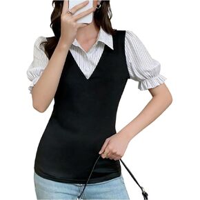 Women's Elegant Striped Puff Sleeve Work T Shirts Collared Color Block 2 in 1 Tops Business Casual Outfits in Saudi Arabia