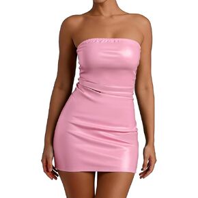 Women Faux Leather Dress Sexy Ruched Mini Dress Strapless Pleather Bodycon Strenchy Dress Club Party Night Out in Saudi Arabia
