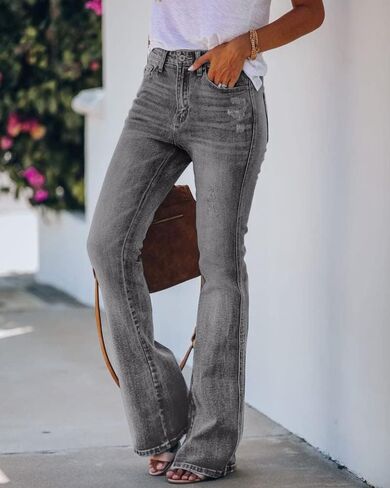 Koinshha Womens High Waisted Jeans Flare Stretch Boyfriend Casual Bootcut Denim Pants Size 12 A Grey in Saudi Arabia