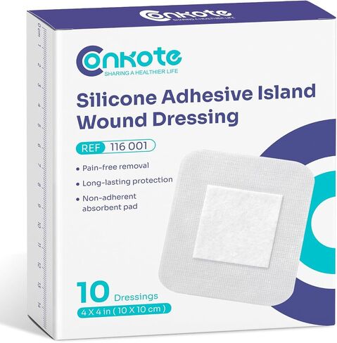 Conkote Silicone Adhesive Island Wound Dressing 4 x 4 in, Large Bandages for Sensitive Skin First Aid Wound Care, Individually Wrapped Adhesive Bandages with Non-Stick Central Pad 10 Count in Saudi Arabia