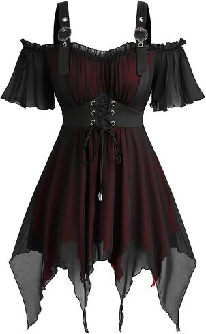 ROSE GAL Plus Size Womens Goth Cold Shoulder Corset Top Two Tone Ruffles Buckles Lace-up Underbust T-shirt in Kuwait