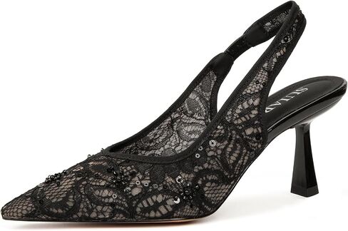 Slingback Wedding Heels for Women Bridal Lace Mesh Kitten Heel Closed Pointed Toe Pearl Pumps Shoes in Kuwait