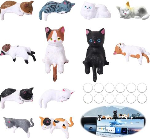 Cat Car Dashboard Accessories, 12 Pcs Funny Mini Cat Figurines Decor, Cute Car Rear View Mirror Car Gifts, Funny Computer Monitor Desk Decorations for Women & Girls in Kuwait