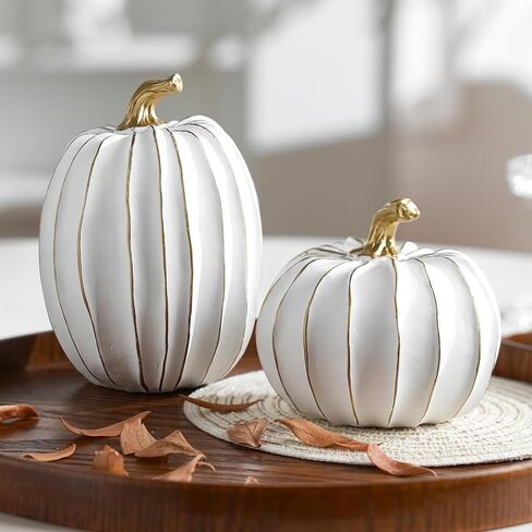 AOMOONOA Artificial Pumpkin Decor, Brown and White Decorative Pumpkins, Thanksgiving Resin Pumpkins Figurine Set of 2, Carved Pumpkin Statues for Rustic Fall Tabletop Home Decor, Harvest, Wedding in Kuwait