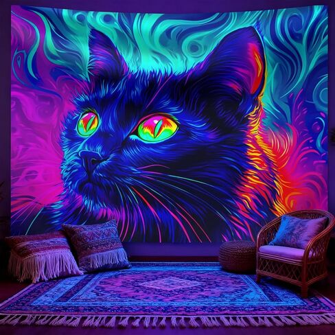 seewan Black Light Black Cat Tapestry, UV-reactive neon black cat with glowing green eyes, psychedelic abstract animal art tapestry, bedroom/dorm/living room backdrop decoration in Saudi Arabia