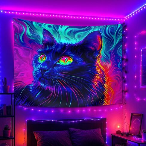 seewan Black Light Black Cat Tapestry, UV-reactive neon black cat with glowing green eyes, psychedelic abstract animal art tapestry, bedroom/dorm/living room backdrop decoration in Saudi Arabia