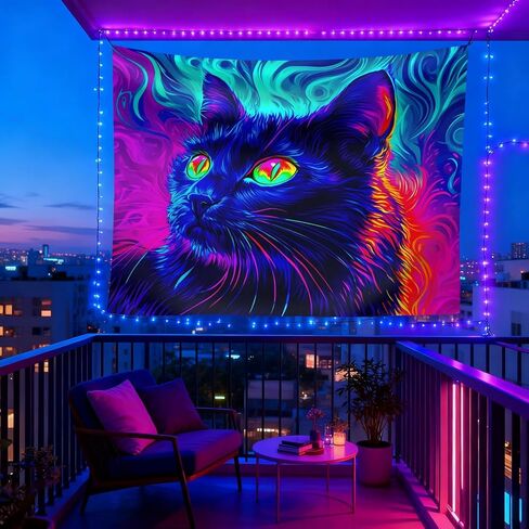 seewan Black Light Black Cat Tapestry, UV-reactive neon black cat with glowing green eyes, psychedelic abstract animal art tapestry, bedroom/dorm/living room backdrop decoration in Saudi Arabia