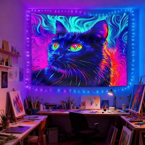 seewan Black Light Black Cat Tapestry, UV-reactive neon black cat with glowing green eyes, psychedelic abstract animal art tapestry, bedroom/dorm/living room backdrop decoration in Saudi Arabia