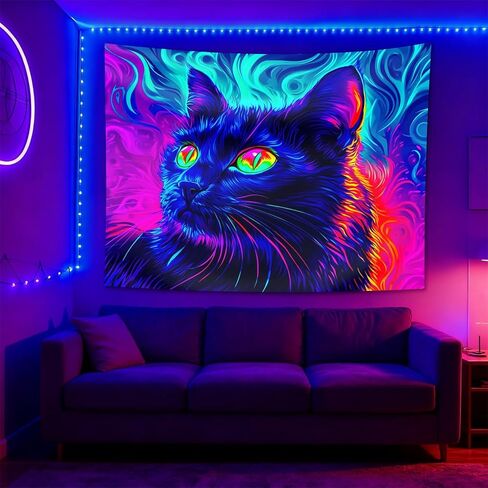 seewan Black Light Black Cat Tapestry, UV-reactive neon black cat with glowing green eyes, psychedelic abstract animal art tapestry, bedroom/dorm/living room backdrop decoration in Saudi Arabia
