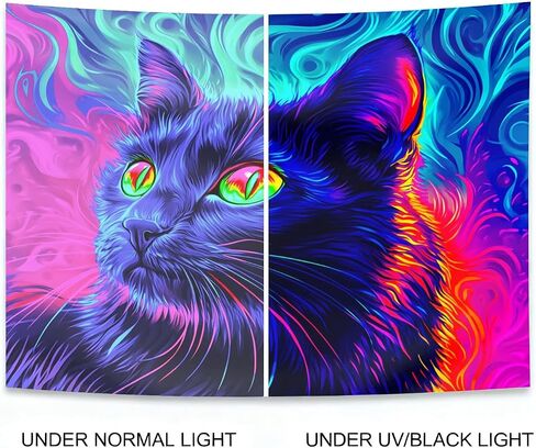 seewan Black Light Black Cat Tapestry, UV-reactive neon black cat with glowing green eyes, psychedelic abstract animal art tapestry, bedroom/dorm/living room backdrop decoration in Saudi Arabia
