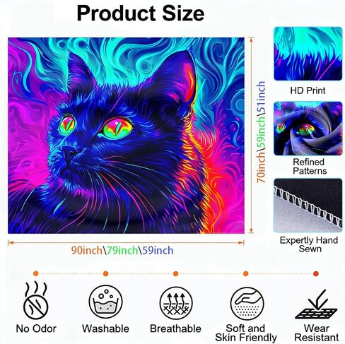 seewan Black Light Black Cat Tapestry, UV-reactive neon black cat with glowing green eyes, psychedelic abstract animal art tapestry, bedroom/dorm/living room backdrop decoration in Saudi Arabia