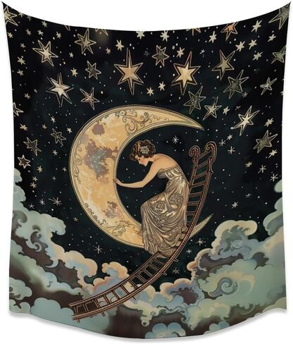 BZWAPQ Dark Vintage Aesthetic Celestial Goddess Tapestry Boho Ladder to The Moon and Stars Print Tapestries Gothic Art Nouveau Wall Hanging Decor for Living Room Dorm Apartmentwhite40x60inch in Saudi Arabia