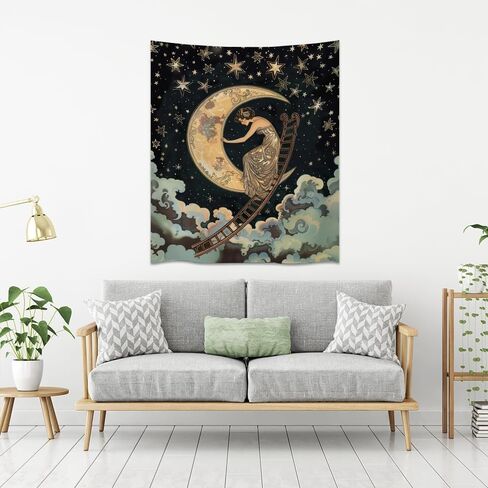 BZWAPQ Dark Vintage Aesthetic Celestial Goddess Tapestry Boho Ladder to The Moon and Stars Print Tapestries Gothic Art Nouveau Wall Hanging Decor for Living Room Dorm Apartmentwhite40x60inch in Saudi Arabia