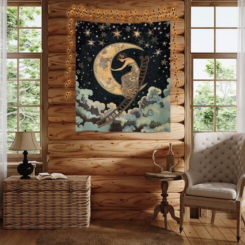 BZWAPQ Dark Vintage Aesthetic Celestial Goddess Tapestry Boho Ladder to The Moon and Stars Print Tapestries Gothic Art Nouveau Wall Hanging Decor for Living Room Dorm Apartmentwhite40x60inch in Saudi Arabia