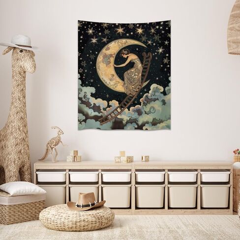 BZWAPQ Dark Vintage Aesthetic Celestial Goddess Tapestry Boho Ladder to The Moon and Stars Print Tapestries Gothic Art Nouveau Wall Hanging Decor for Living Room Dorm Apartmentwhite40x60inch in Saudi Arabia