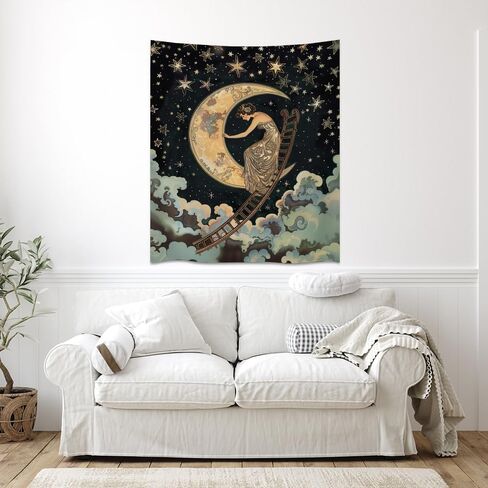BZWAPQ Dark Vintage Aesthetic Celestial Goddess Tapestry Boho Ladder to The Moon and Stars Print Tapestries Gothic Art Nouveau Wall Hanging Decor for Living Room Dorm Apartmentwhite40x60inch in Saudi Arabia