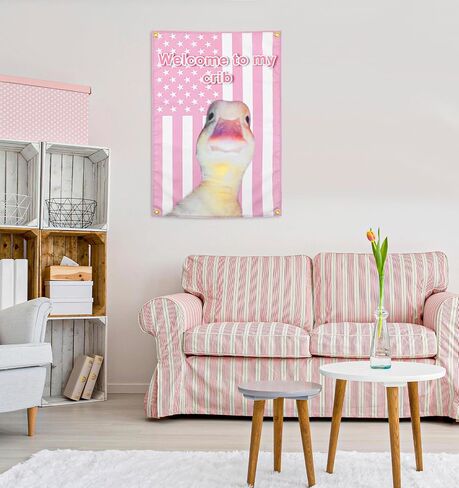 ValueBargain Welcome to My Crib Duck Flag, 2x3 Ft Cute Pink American Flag, Kawaii Room Decor for Teen Girls Cute American Flags Tapestry, Outdoor Garden & Porch Decor, Funny Tapestry in Saudi Arabia