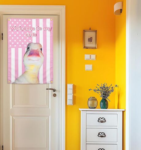 ValueBargain Welcome to My Crib Duck Flag, 2x3 Ft Cute Pink American Flag, Kawaii Room Decor for Teen Girls Cute American Flags Tapestry, Outdoor Garden & Porch Decor, Funny Tapestry in Saudi Arabia