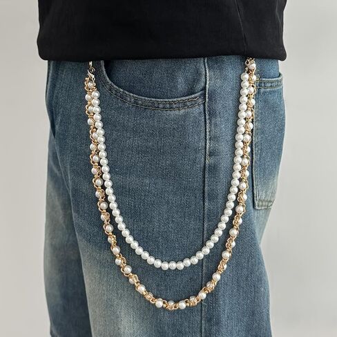 Wallet Chain Pants Chain Hip Hop Punk Jeans Chain Key Chain Goth Pearl Accessories for Women Men - Gold in Saudi Arabia