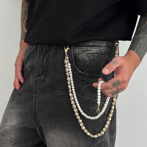 Wallet Chain Pants Chain Hip Hop Punk Jeans Chain Key Chain Goth Pearl Accessories for Women Men - Gold in Saudi Arabia