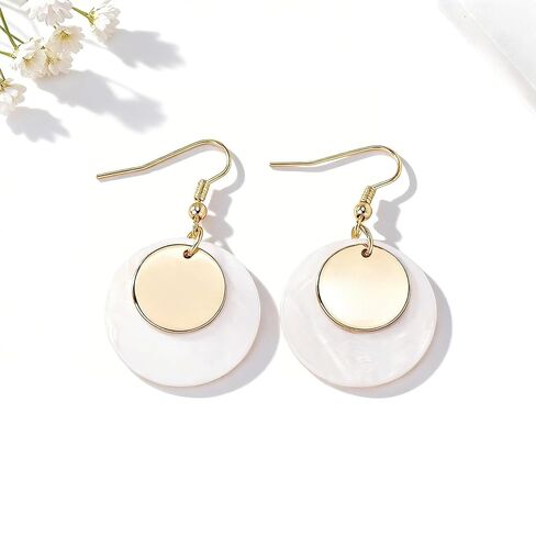 Natural Mother of Pearl Shell Earrings for Women,18K Gold Silver Plated Round Circle Dangle Earrings,Beach Wedding Bridal Jewelry Gift,White Bohemian Drop Earrings in Saudi Arabia